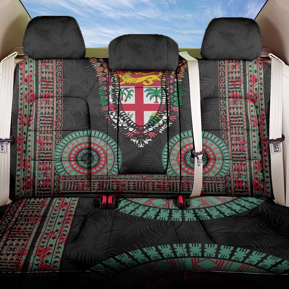 Fiji Coat of Arms Traditional Dashiki Back Car Seat Cover Tapa Art and Palm Leaves Pattern Black Color - Polynesian Pride