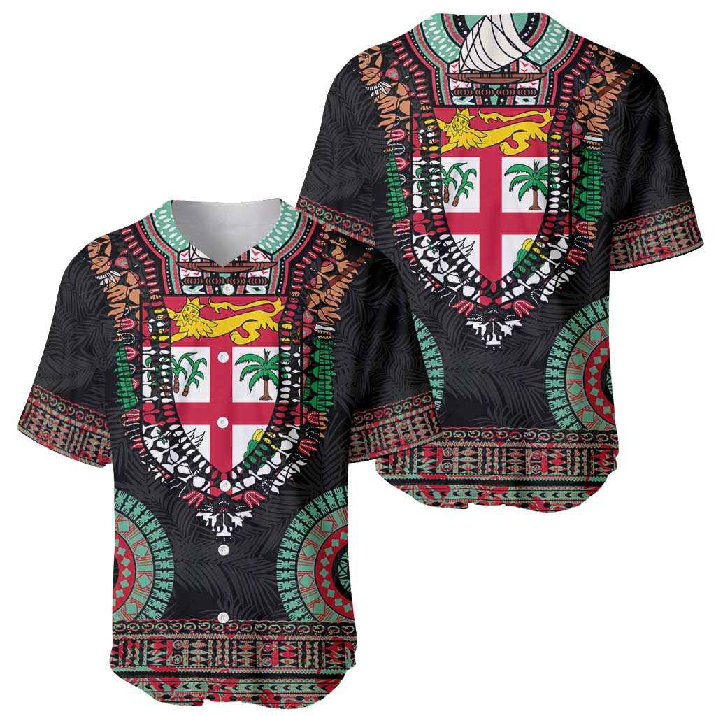 Fiji Coat of Arms Traditional Dashiki Baseball Jersey Tapa Art and Palm Leaves Pattern Black Color - Polynesian Pride