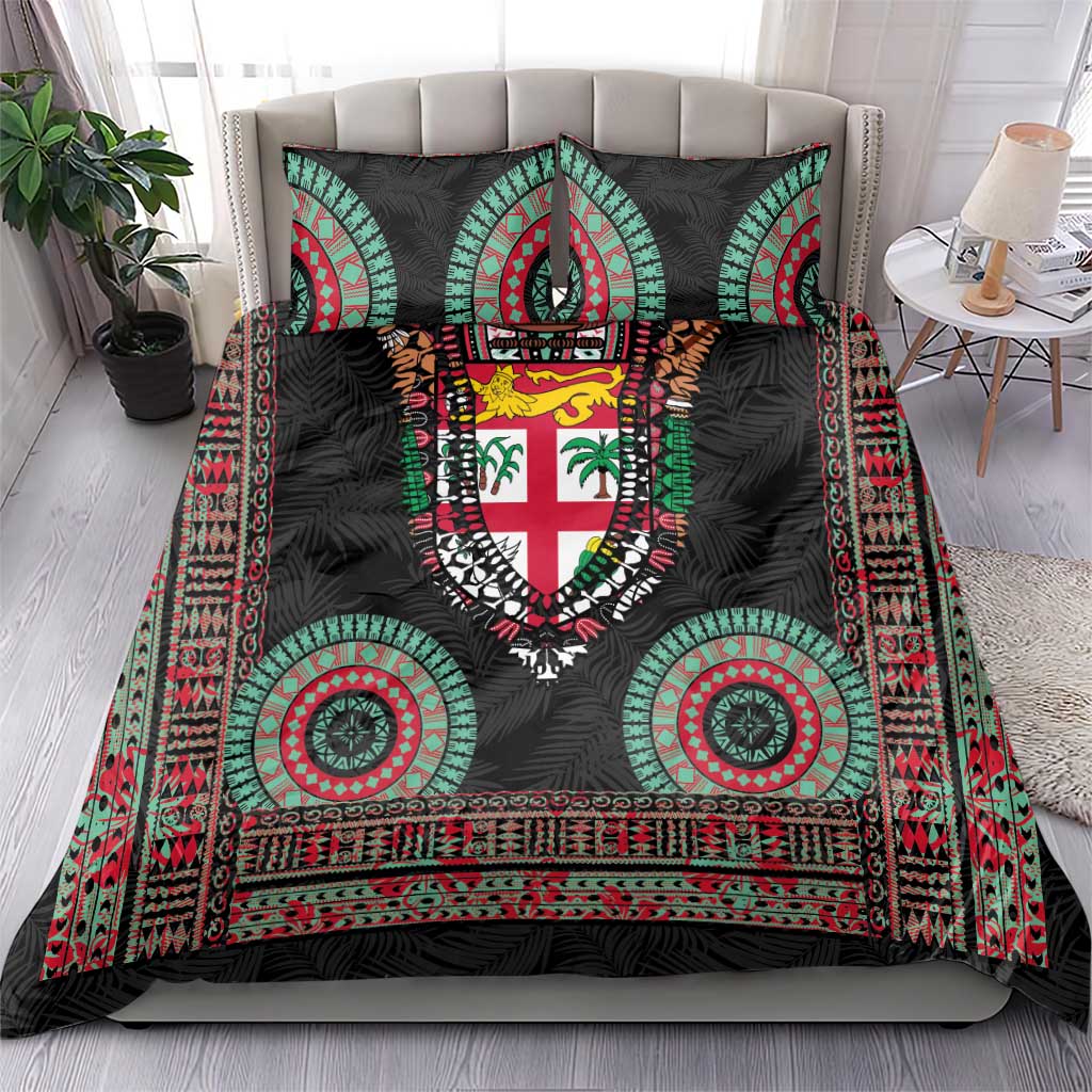 Fiji Coat of Arms Traditional Dashiki Bedding Set Tapa Art and Palm Leaves Pattern Black Color - Polynesian Pride