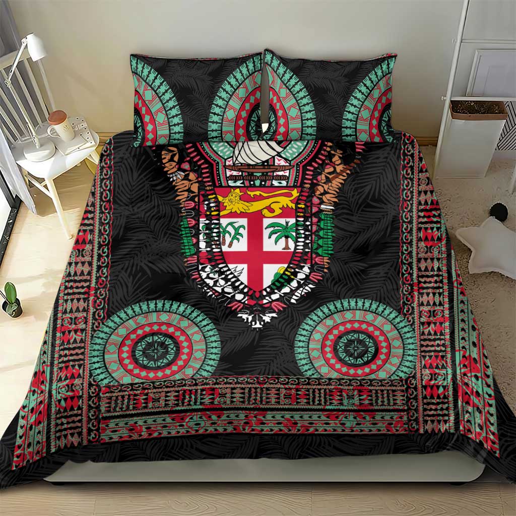 Fiji Coat of Arms Traditional Dashiki Bedding Set Tapa Art and Palm Leaves Pattern Black Color - Polynesian Pride