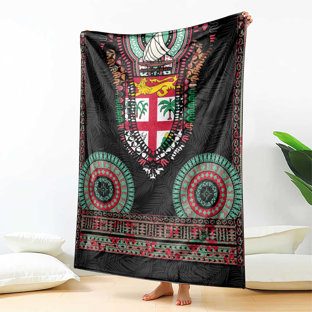 Fiji Coat of Arms Traditional Dashiki Blanket Tapa Art and Palm Leaves Pattern Black Color - Polynesian Pride
