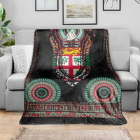 Fiji Coat of Arms Traditional Dashiki Blanket Tapa Art and Palm Leaves Pattern Black Color - Polynesian Pride