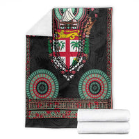 Fiji Coat of Arms Traditional Dashiki Blanket Tapa Art and Palm Leaves Pattern Black Color - Polynesian Pride