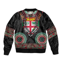 Fiji Coat of Arms Traditional Dashiki Bomber Jacket Tapa Art and Palm Leaves Pattern Black Color - Polynesian Pride