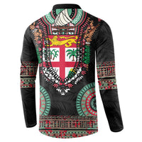 Fiji Coat of Arms Traditional Dashiki Button Sweatshirt Tapa Art and Palm Leaves Pattern Black Color - Polynesian Pride
