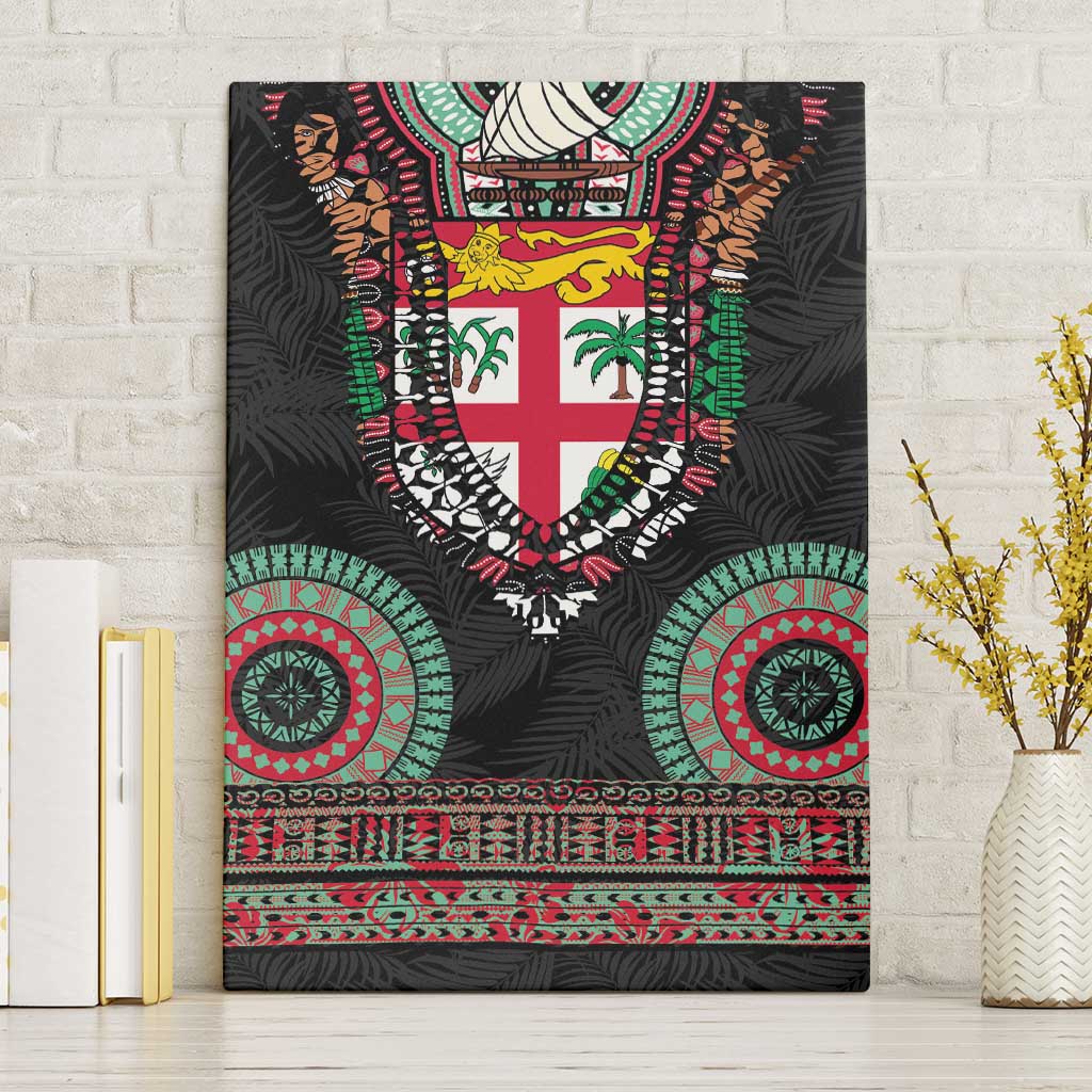 Fiji Coat of Arms Traditional Dashiki Canvas Wall Art Tapa Art and Palm Leaves Pattern Black Color LT03 Without Frame Black - Polynesian Pride