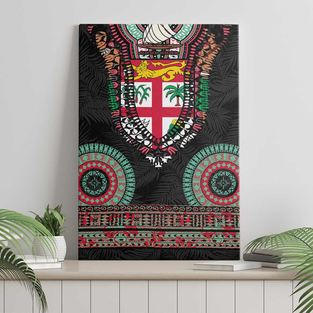 Fiji Coat of Arms Traditional Dashiki Canvas Wall Art Tapa Art and Palm Leaves Pattern Black Color LT03 - Polynesian Pride