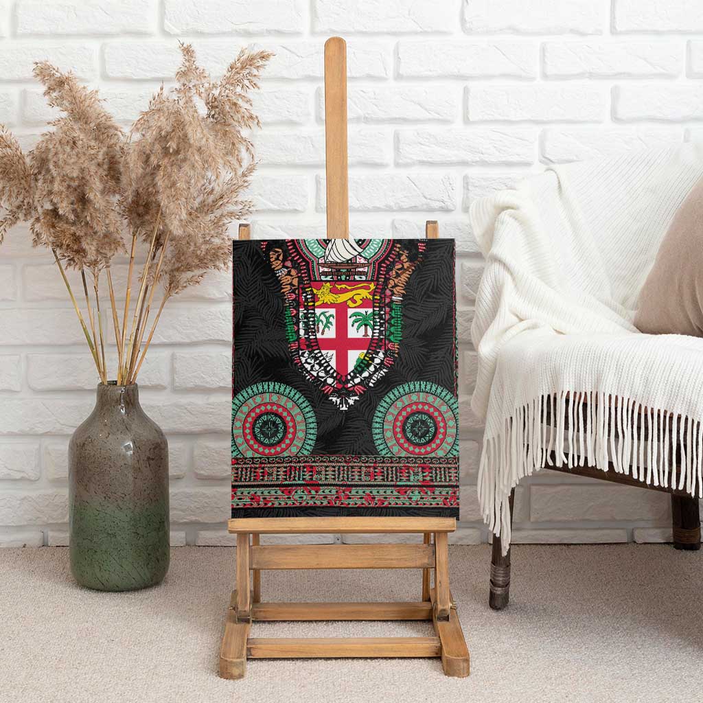 Fiji Coat of Arms Traditional Dashiki Canvas Wall Art Tapa Art and Palm Leaves Pattern Black Color LT03 - Polynesian Pride