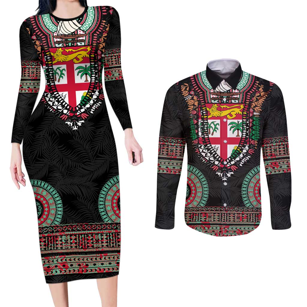 Fiji Coat of Arms Traditional Dashiki Couples Matching Long Sleeve Bodycon Dress and Long Sleeve Button Shirt Tapa Art and Palm Leaves Pattern Black Color - Polynesian Pride