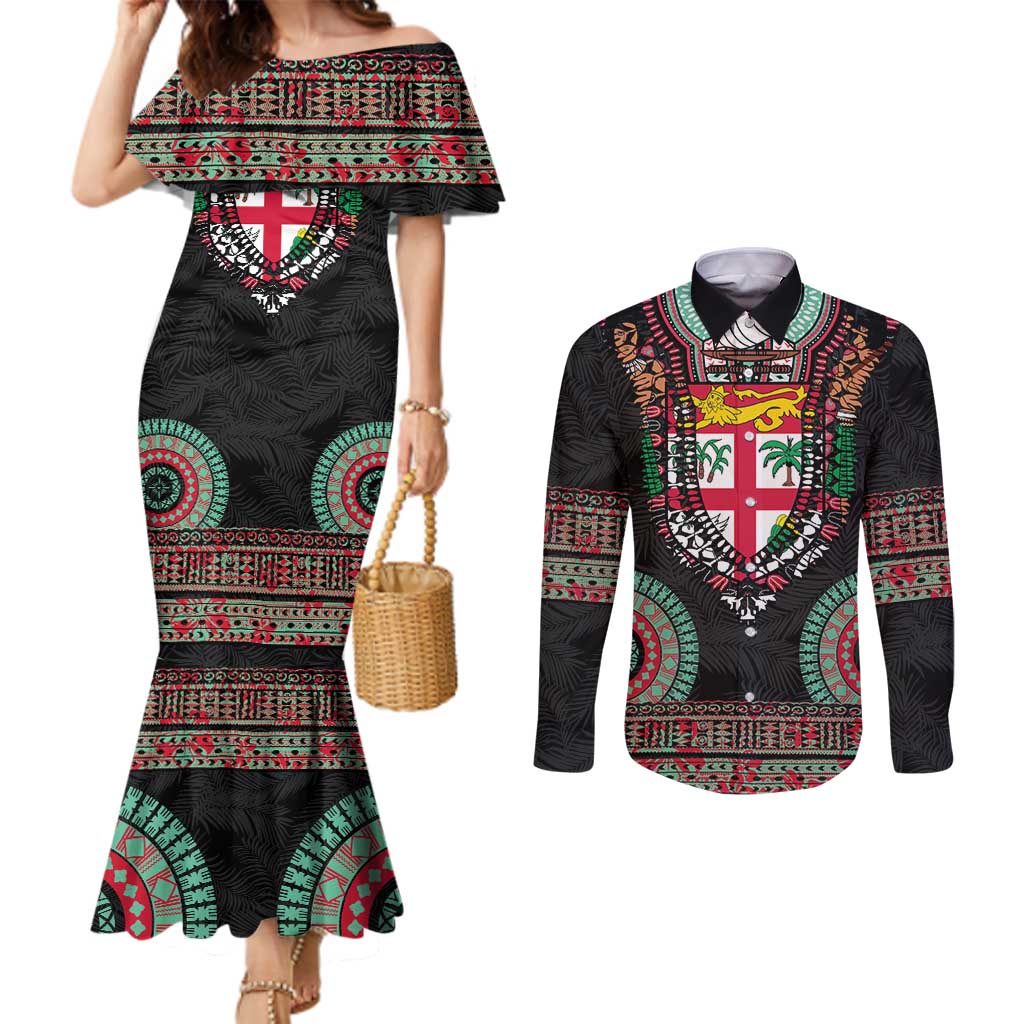 Fiji Coat of Arms Traditional Dashiki Couples Matching Mermaid Dress and Long Sleeve Button Shirt Tapa Art and Palm Leaves Pattern Black Color - Polynesian Pride