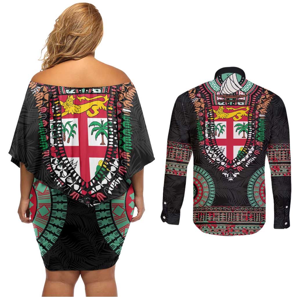 Fiji Coat of Arms Traditional Dashiki Couples Matching Off Shoulder Short Dress and Long Sleeve Button Shirt Tapa Art and Palm Leaves Pattern Black Color - Polynesian Pride