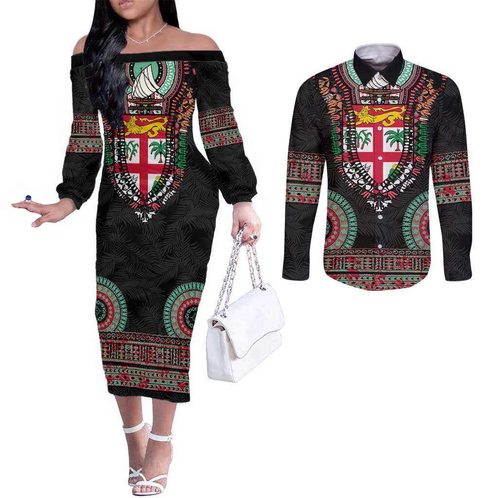 Fiji Coat of Arms Traditional Dashiki Couples Matching Off The Shoulder Long Sleeve Dress and Long Sleeve Button Shirt Tapa Art and Palm Leaves Pattern Black Color - Polynesian Pride