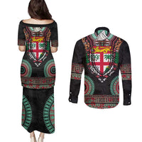 Fiji Coat of Arms Traditional Dashiki Couples Matching Puletasi and Long Sleeve Button Shirt Tapa Art and Palm Leaves Pattern Black Color - Polynesian Pride
