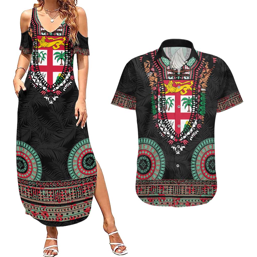 Fiji Coat of Arms Traditional Dashiki Couples Matching Summer Maxi Dress and Hawaiian Shirt Tapa Art and Palm Leaves Pattern Black Color - Polynesian Pride