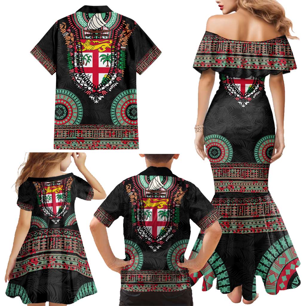 Fiji Coat of Arms Traditional Dashiki Family Matching Mermaid Dress and Hawaiian Shirt Tapa Art and Palm Leaves Pattern Black Color - Polynesian Pride