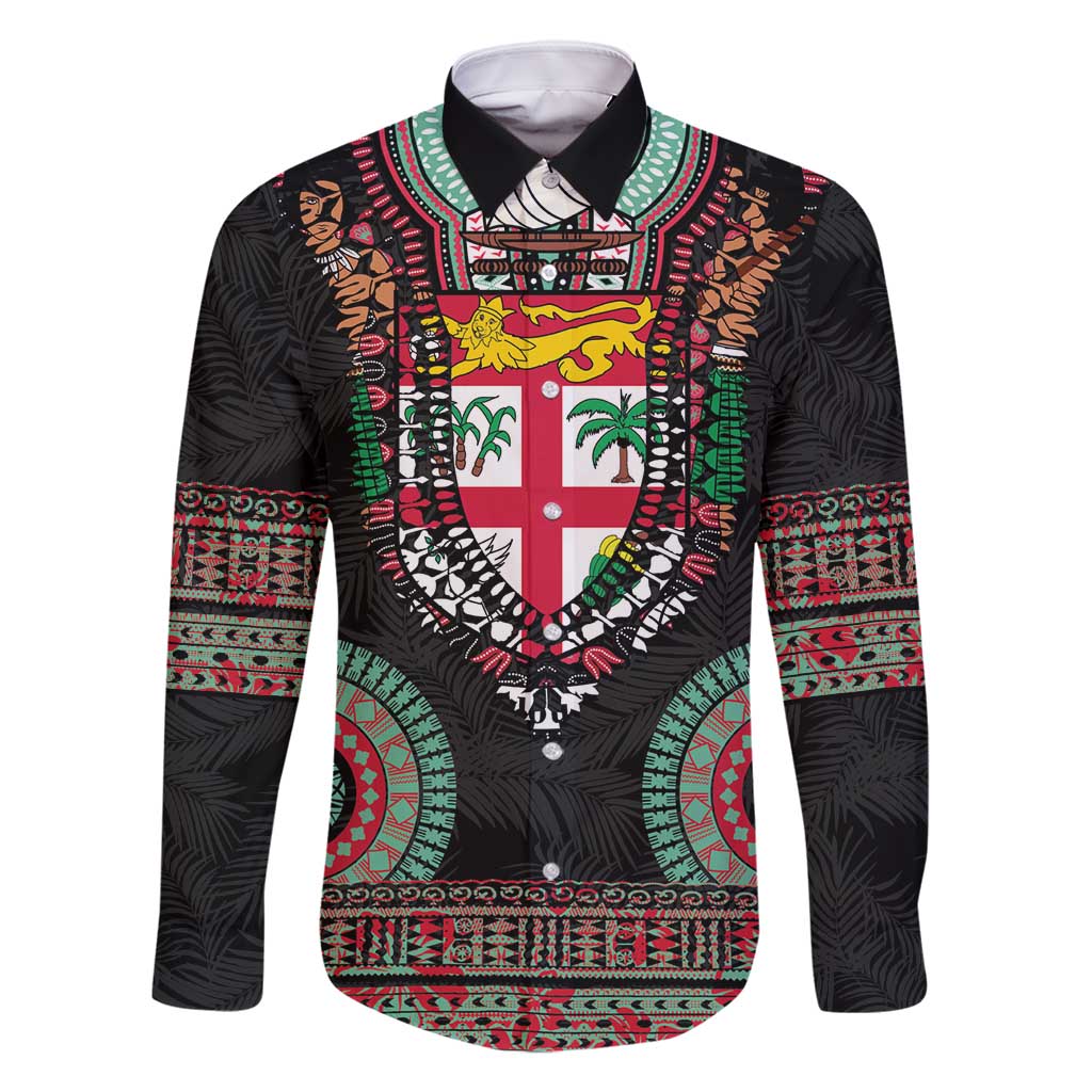 Fiji Coat of Arms Traditional Dashiki Family Matching Mermaid Dress and Hawaiian Shirt Tapa Art and Palm Leaves Pattern Black Color - Polynesian Pride