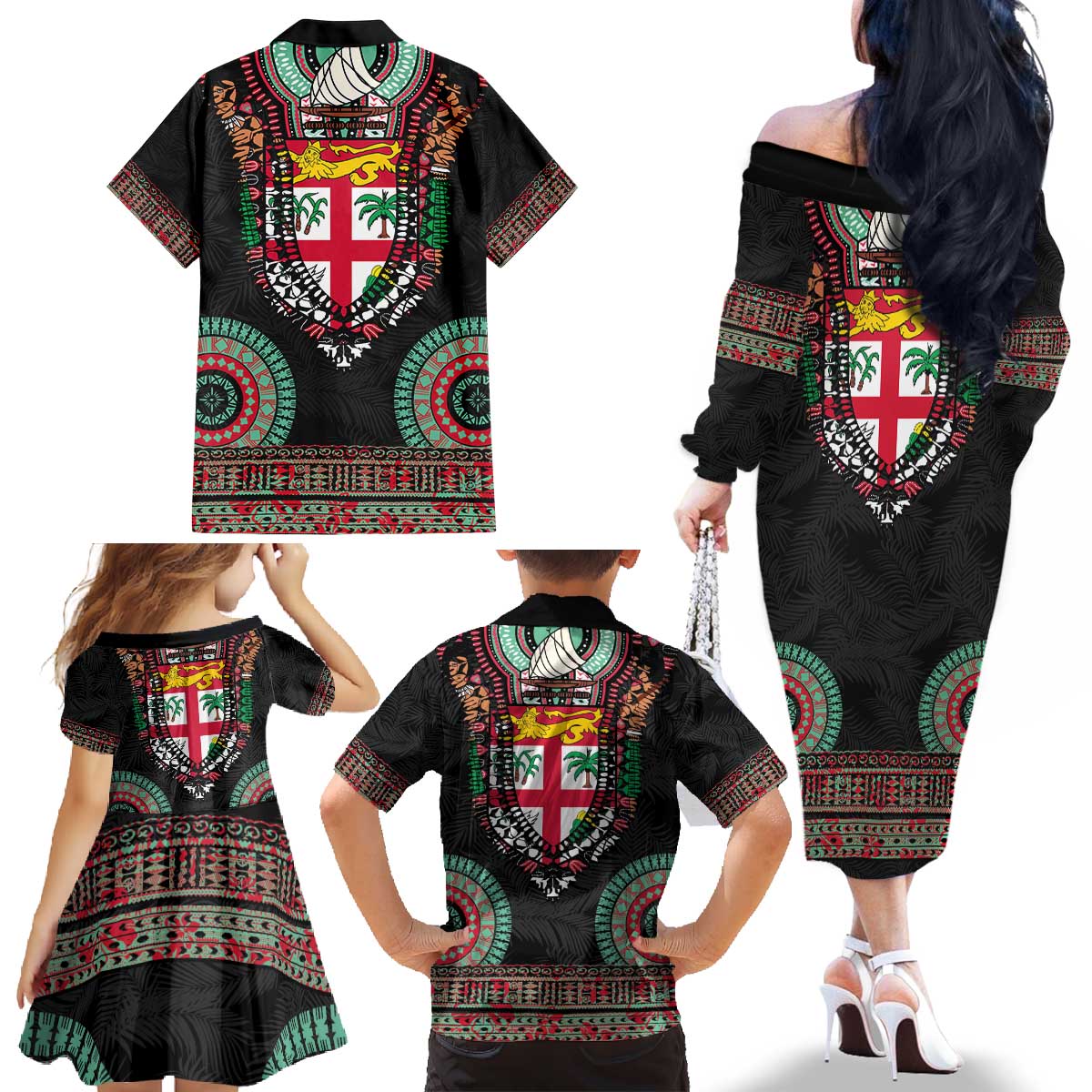 Fiji Coat of Arms Traditional Dashiki Family Matching Off The Shoulder Long Sleeve Dress and Hawaiian Shirt Tapa Art and Palm Leaves Pattern Black Color - Polynesian Pride