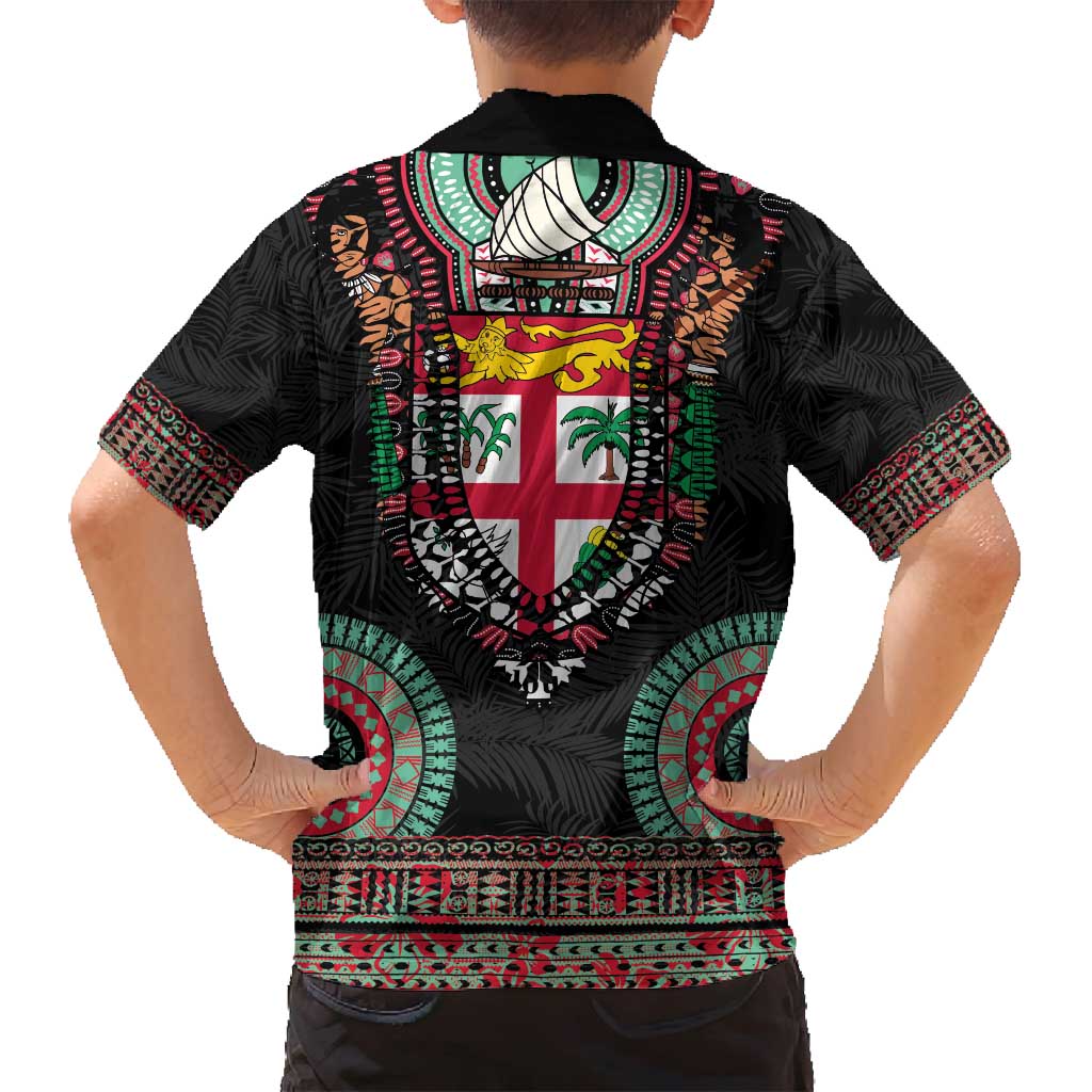 Fiji Coat of Arms Traditional Dashiki Family Matching Off Shoulder Maxi Dress and Hawaiian Shirt Tapa Art and Palm Leaves Pattern Black Color - Polynesian Pride