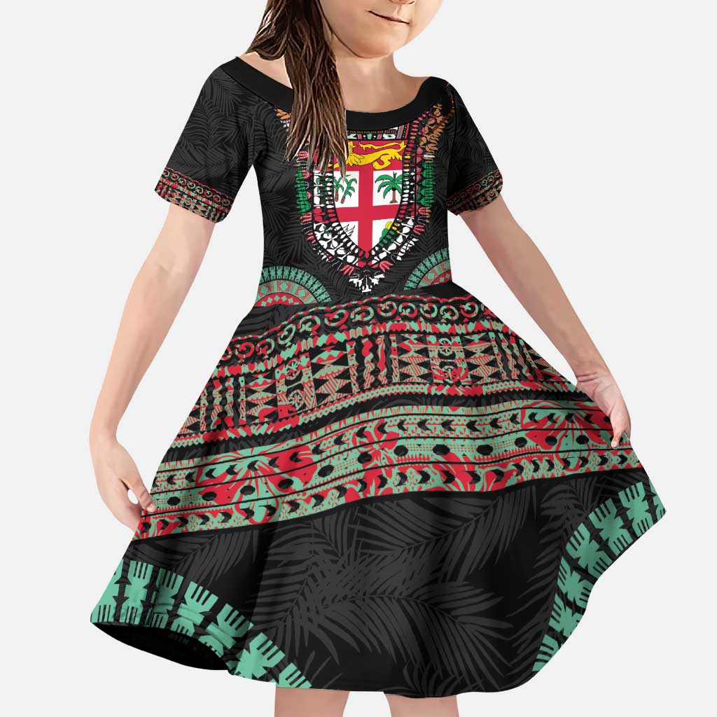 Fiji Coat of Arms Traditional Dashiki Family Matching Puletasi and Hawaiian Shirt Tapa Art and Palm Leaves Pattern Black Color - Polynesian Pride