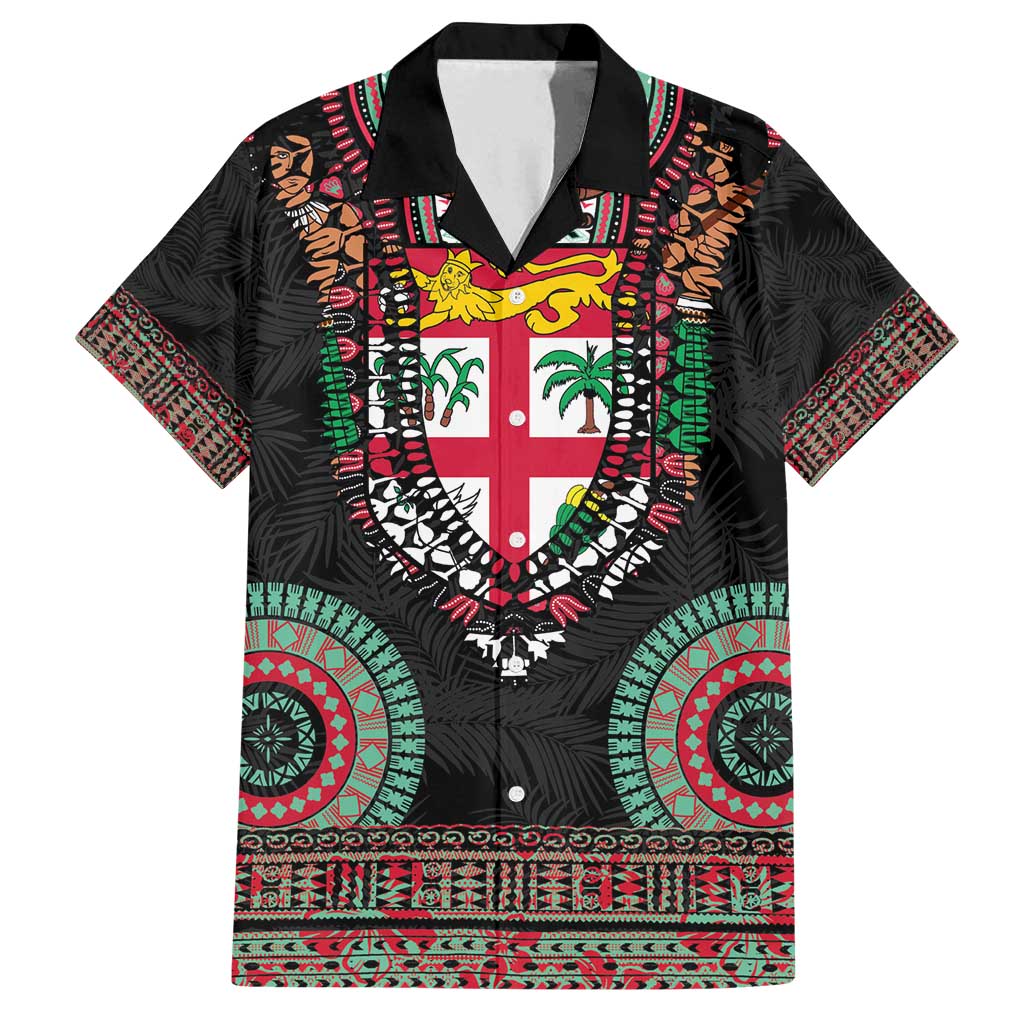 Fiji Coat of Arms Traditional Dashiki Family Matching Summer Maxi Dress and Hawaiian Shirt Tapa Art and Palm Leaves Pattern Black Color - Polynesian Pride