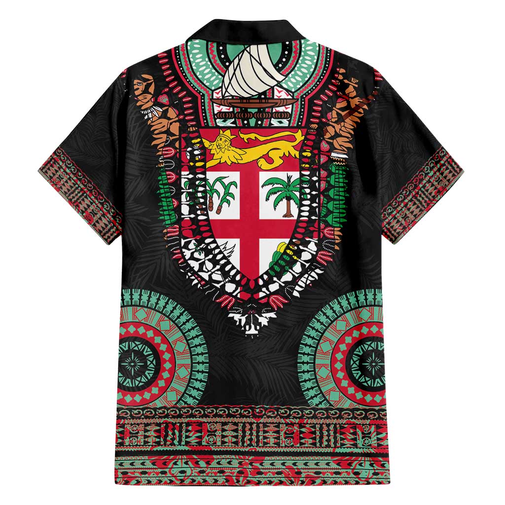 Fiji Coat of Arms Traditional Dashiki Family Matching Summer Maxi Dress and Hawaiian Shirt Tapa Art and Palm Leaves Pattern Black Color - Polynesian Pride