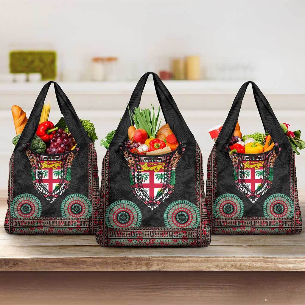 Fiji Coat of Arms Traditional Dashiki Grocery Bag Tapa Art and Palm Leaves Pattern Black Color LT03 3-pack One Size Black - Polynesian Pride