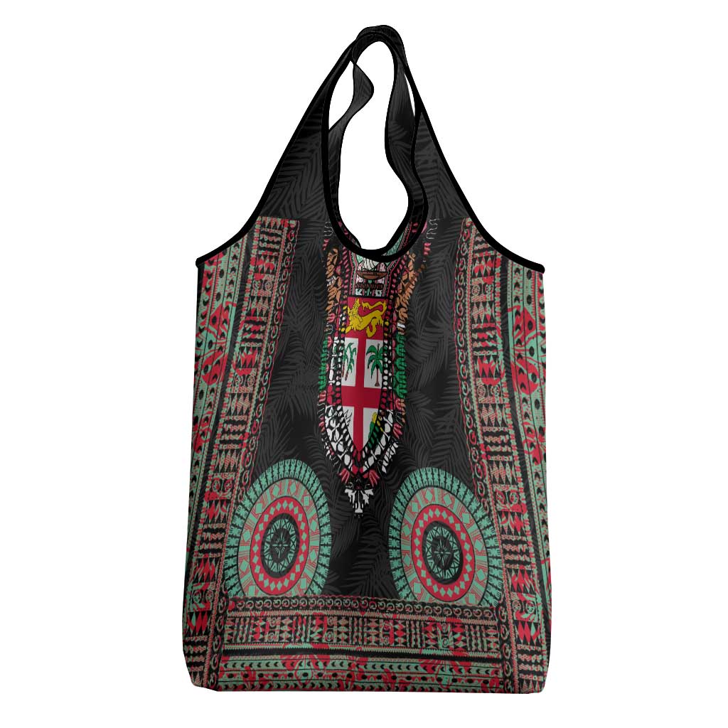 Fiji Coat of Arms Traditional Dashiki Grocery Bag Tapa Art and Palm Leaves Pattern Black Color LT03 - Polynesian Pride