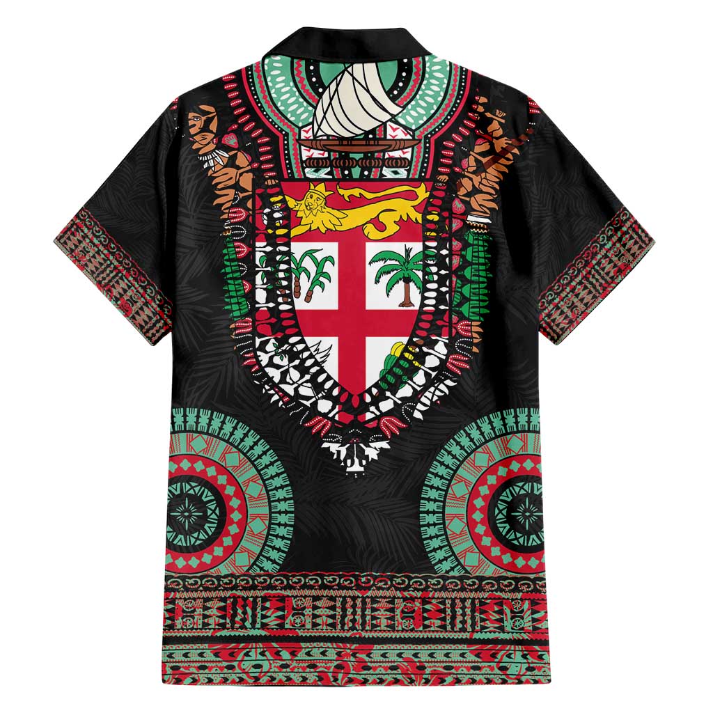 Fiji Coat of Arms Traditional Dashiki Hawaiian Shirt Tapa Art and Palm Leaves Pattern Black Color - Polynesian Pride