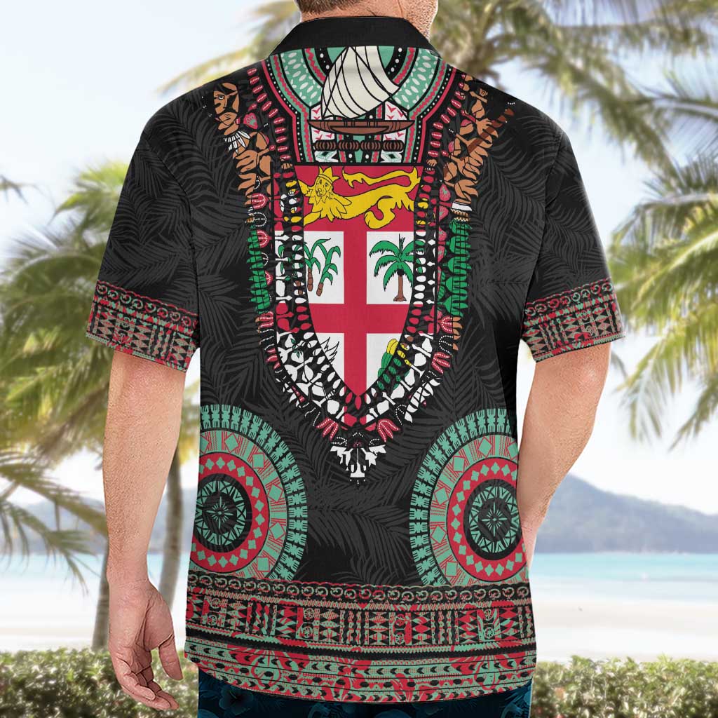 Fiji Coat of Arms Traditional Dashiki Hawaiian Shirt Tapa Art and Palm Leaves Pattern Black Color - Polynesian Pride