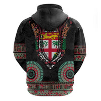 Fiji Coat of Arms Traditional Dashiki Hoodie Tapa Art and Palm Leaves Pattern Black Color - Polynesian Pride