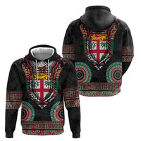 Fiji Coat of Arms Traditional Dashiki Hoodie Tapa Art and Palm Leaves Pattern Black Color - Polynesian Pride