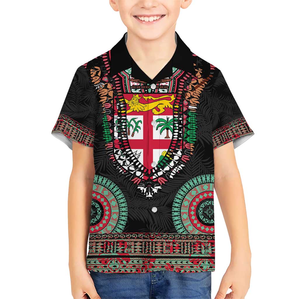 Fiji Coat of Arms Traditional Dashiki Kid Hawaiian Shirt Tapa Art and Palm Leaves Pattern Black Color - Polynesian Pride