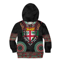 Fiji Coat of Arms Traditional Dashiki Kid Hoodie Tapa Art and Palm Leaves Pattern Black Color - Polynesian Pride