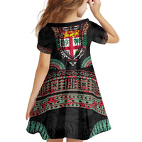 Fiji Coat of Arms Traditional Dashiki Kid Short Sleeve Dress Tapa Art and Palm Leaves Pattern Black Color - Polynesian Pride