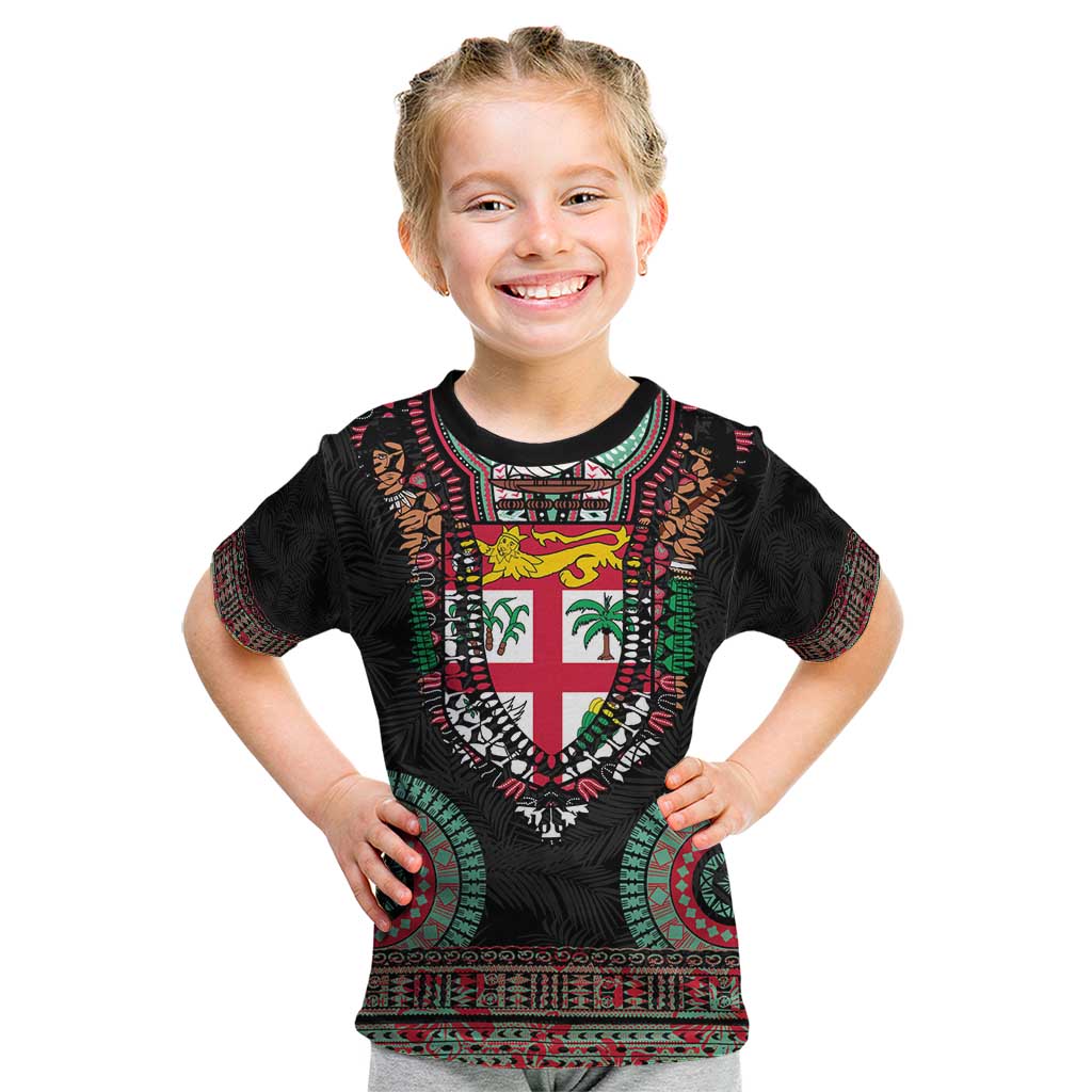 Fiji Coat of Arms Traditional Dashiki Kid T Shirt Tapa Art and Palm Leaves Pattern Black Color - Polynesian Pride