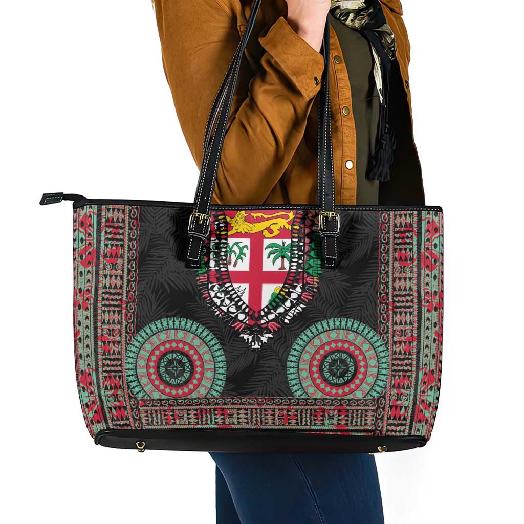 Fiji Coat of Arms Traditional Dashiki Leather Tote Bag Tapa Art and Palm Leaves Pattern Black Color LT03 - Polynesian Pride