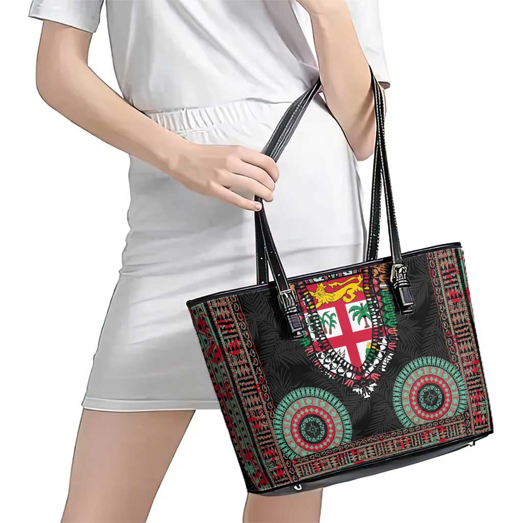 Fiji Coat of Arms Traditional Dashiki Leather Tote Bag Tapa Art and Palm Leaves Pattern Black Color LT03 - Polynesian Pride