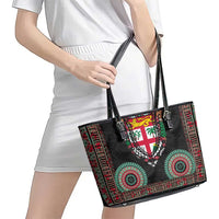 Fiji Coat of Arms Traditional Dashiki Leather Tote Bag Tapa Art and Palm Leaves Pattern Black Color LT03 - Polynesian Pride