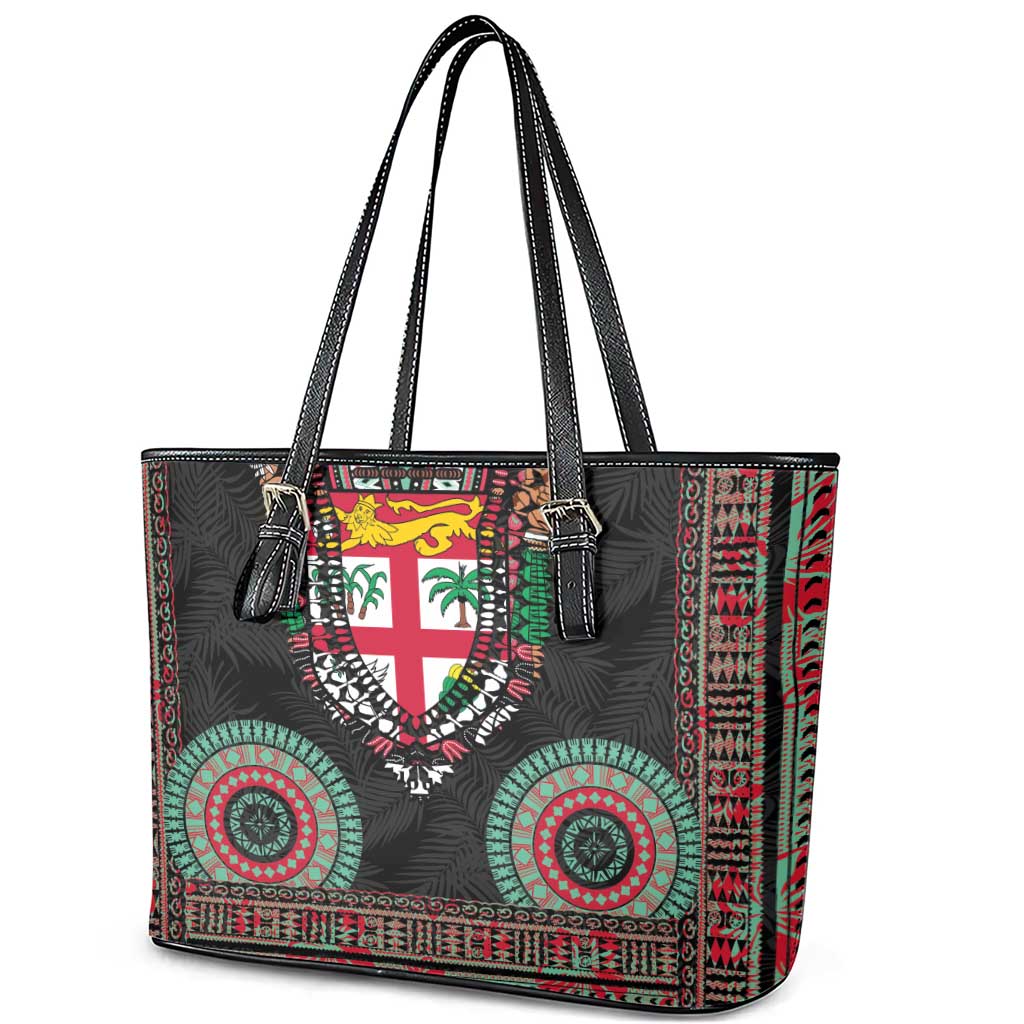 Fiji Coat of Arms Traditional Dashiki Leather Tote Bag Tapa Art and Palm Leaves Pattern Black Color LT03 - Polynesian Pride