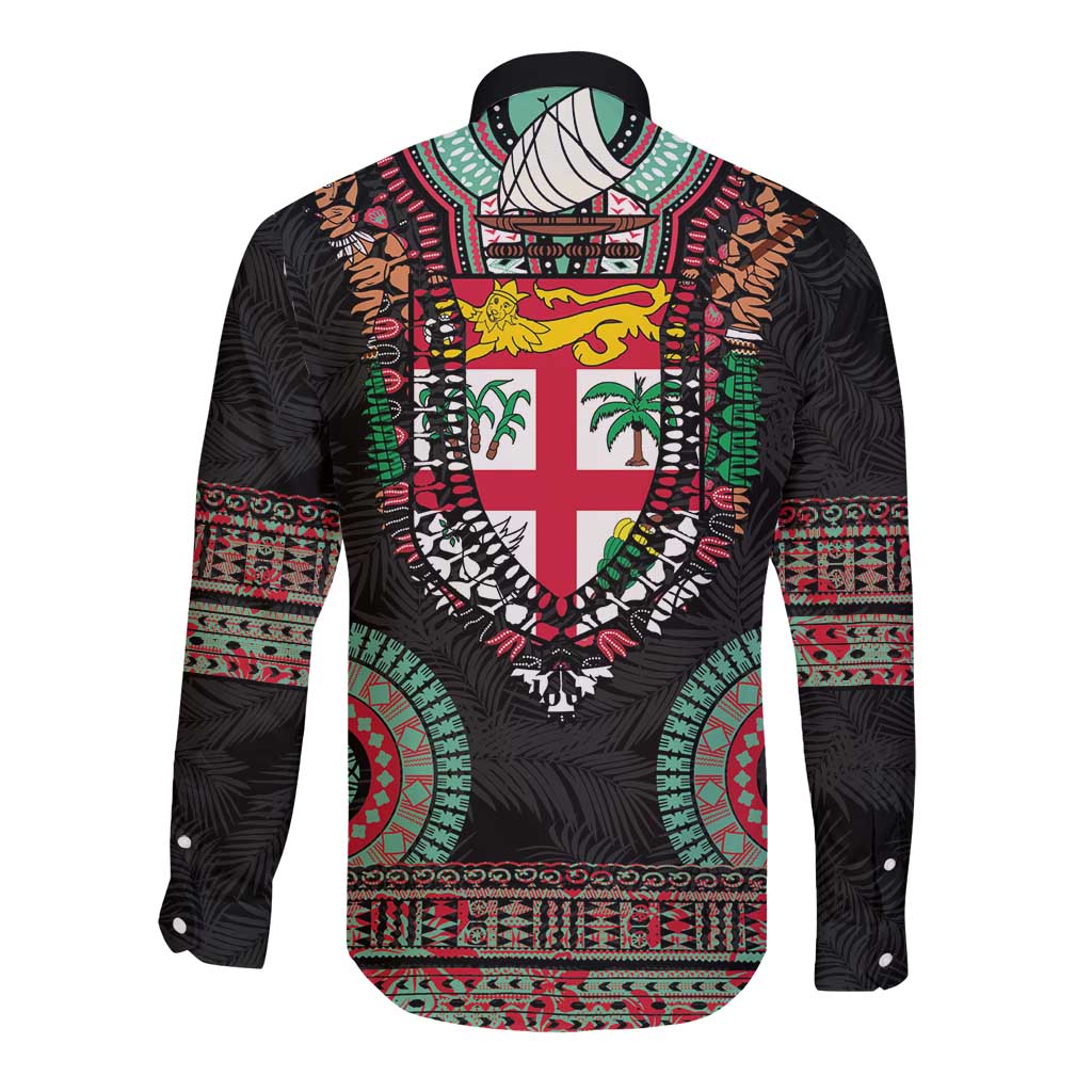 Fiji Coat of Arms Traditional Dashiki Long Sleeve Button Shirt Tapa Art and Palm Leaves Pattern Black Color - Polynesian Pride