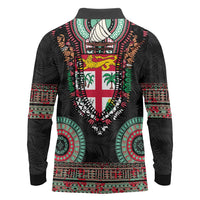 Fiji Coat of Arms Traditional Dashiki Long Sleeve Polo Shirt Tapa Art and Palm Leaves Pattern Black Color - Polynesian Pride