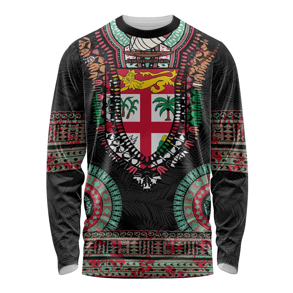 Fiji Coat of Arms Traditional Dashiki Long Sleeve Shirt Tapa Art and Palm Leaves Pattern Black Color - Polynesian Pride