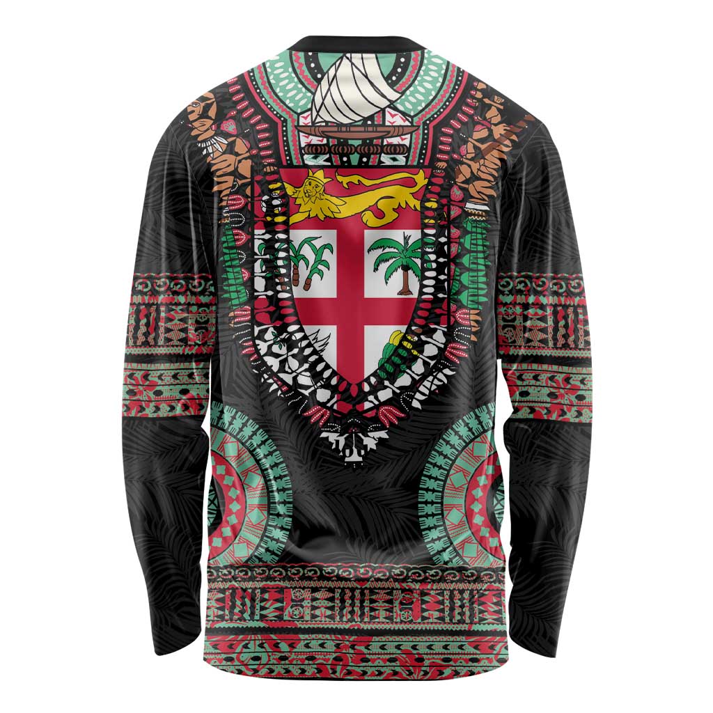 Fiji Coat of Arms Traditional Dashiki Long Sleeve Shirt Tapa Art and Palm Leaves Pattern Black Color - Polynesian Pride