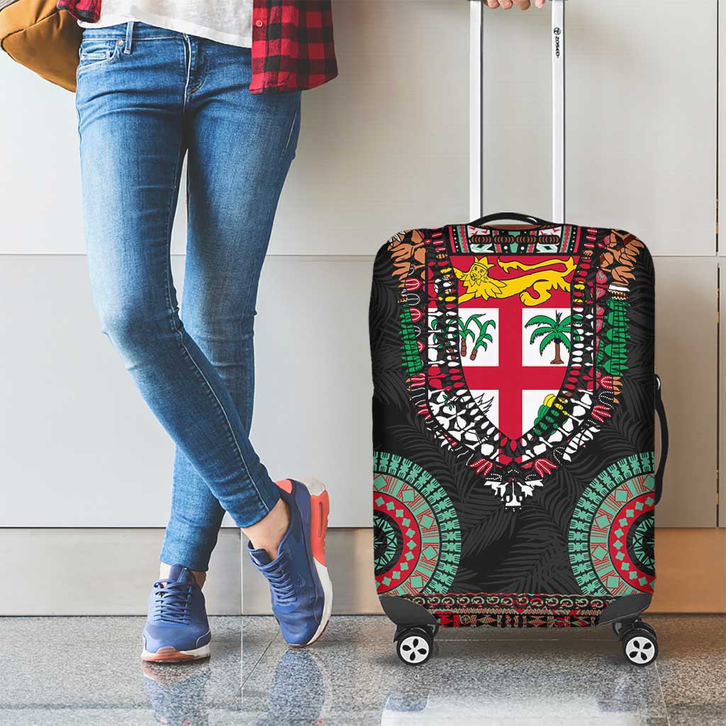 Fiji Coat of Arms Traditional Dashiki Luggage Cover Tapa Art and Palm Leaves Pattern Black Color - Polynesian Pride