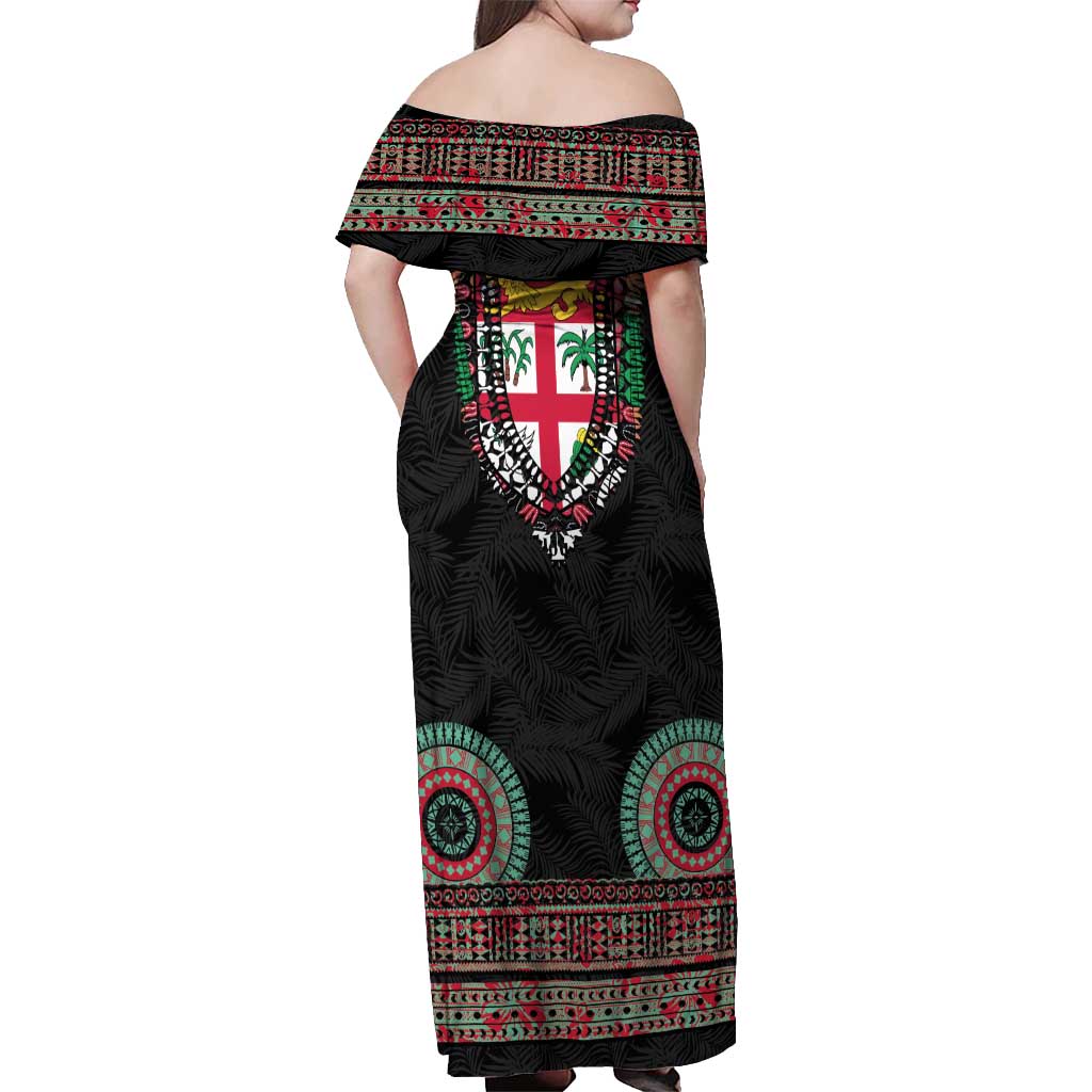 Fiji Coat of Arms Traditional Dashiki Off Shoulder Maxi Dress Tapa Art and Palm Leaves Pattern Black Color - Polynesian Pride