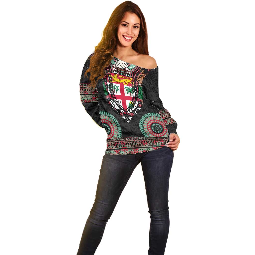 Fiji Coat of Arms Traditional Dashiki Off Shoulder Sweater Tapa Art and Palm Leaves Pattern Black Color - Polynesian Pride
