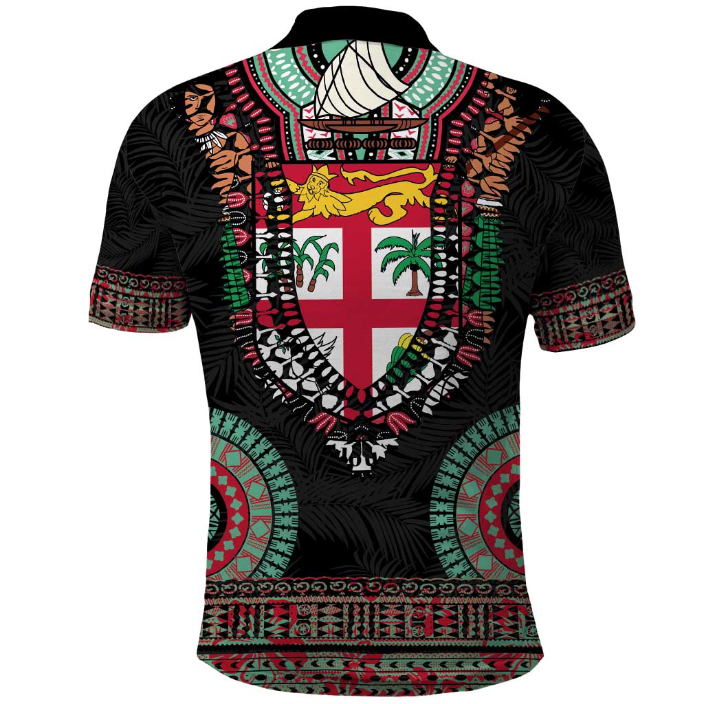 Fiji Coat of Arms Traditional Dashiki Polo Shirt Tapa Art and Palm Leaves Pattern Black Color - Polynesian Pride