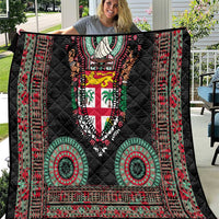 Fiji Coat of Arms Traditional Dashiki Quilt Tapa Art and Palm Leaves Pattern Black Color - Polynesian Pride