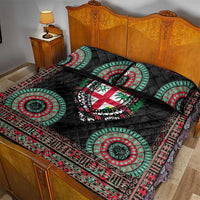 Fiji Coat of Arms Traditional Dashiki Quilt Bed Set Tapa Art and Palm Leaves Pattern Black Color - Polynesian Pride