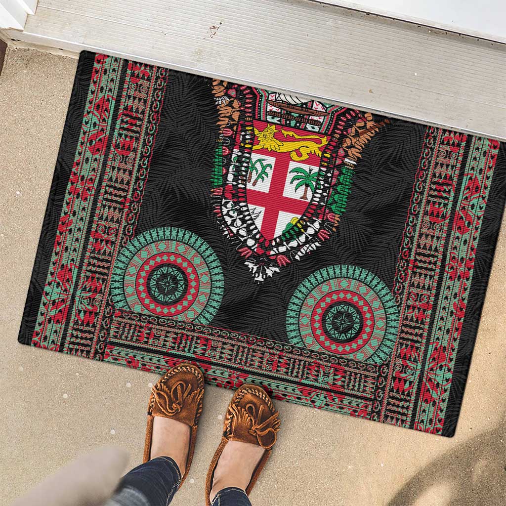 Fiji Coat of Arms Traditional Dashiki Rubber Doormat Tapa Art and Palm Leaves Pattern Black Color - Polynesian Pride